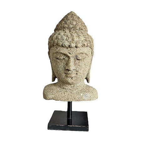 ESCULTURA BUSTO BUDA EM PEDRA VULCÂNICA COM BASE A45CM