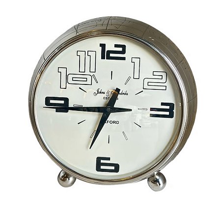 RELÓGIO DE MESA REDONDO BRANCO E PRATA 26CM