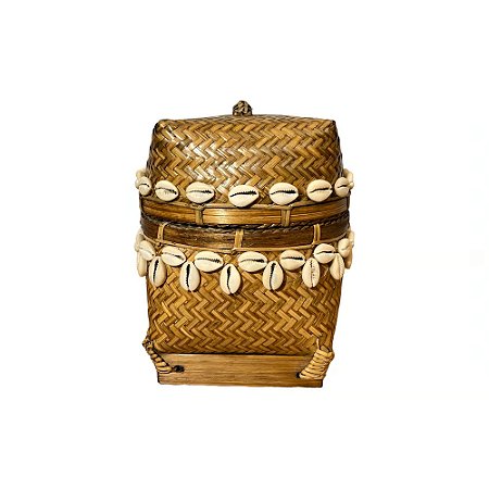 CAIXA BALI RATTAN COM CONCHAS 14CM X 18CM X 14CM