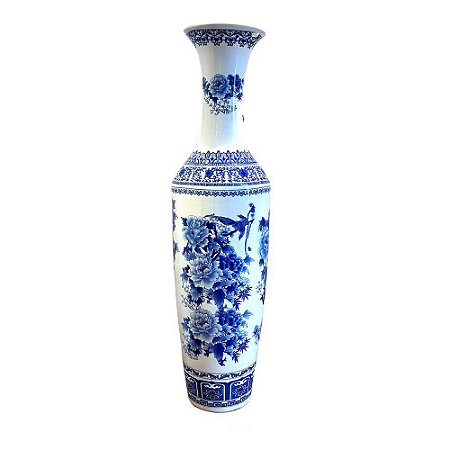 VASO IMPORTADO EM PORCELANA AZUL E BRANCO PÁSSAROS A180CM