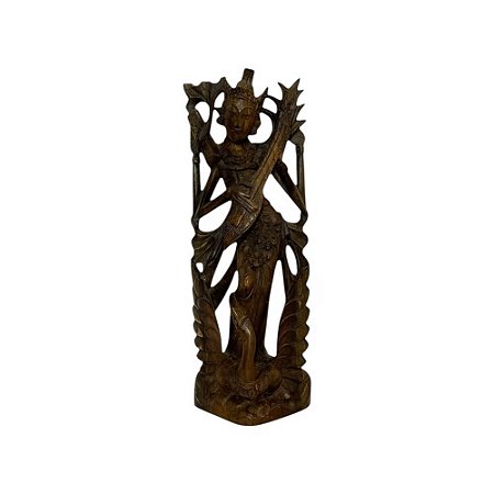 ESCULTURA IMPORTADA DEUSA SARASWATI EM MADEIRA L18CM X A52CM