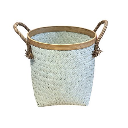 CESTO FIBRA SINTÉTICA BALI REDONDO BRANCO CORDA NATURAL PEQUENO D30CM X A35