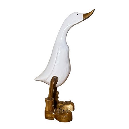 ESCULTURA PATO MADEIRA NATURAL E BRANCO 40CM