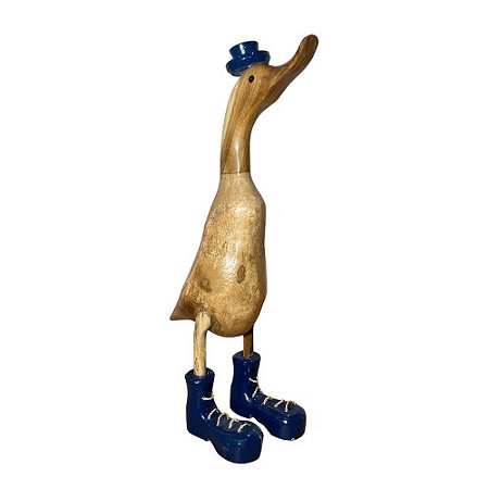 ESCULTURA PATO NAVY COM CHAPÉU MADEIRA NATURAL E AZUL 42CM