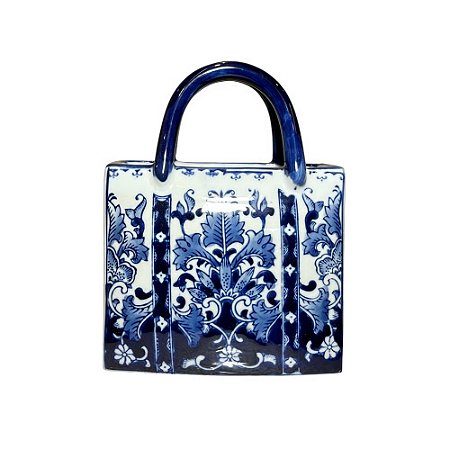 CACHEPOT BOLSA EM PORCELANA AZUL E BRANCA L18CM X A24CM