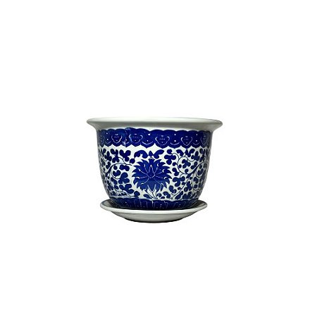 CACHEPOT EM PORCELANA AZUL E BRANCO FLORES DO PARAÍSO PEQUENO D17CM X A13CM