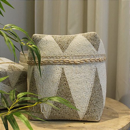 CAIXA FIBRA NATURAL REVESTIDA EM MIÇANGA CINZA E BRANCO GRANDE