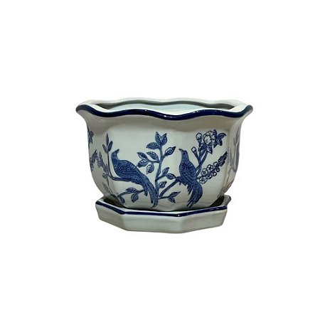 CACHEPOT PORCELANA AZUL E BRANCA BIRD MÉDIO D16CM X A12CM