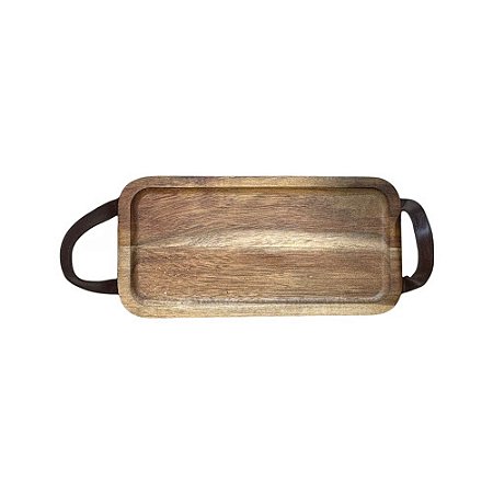 BANDEJA MADEIRA ALÇA EM COURO PEQUENA 29CM