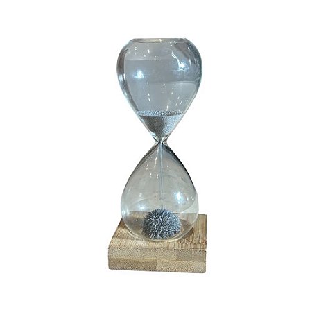 AMPULHETA MAGNÉTICA IMPORTADA EM VIDRO COM BASE EM MADEIRA AREIA GRAFITE A19CM (1,5 MINUTOS)