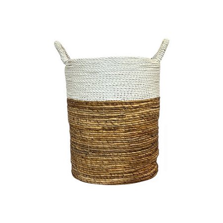 CESTO RATTAN BALI REDONDO BRANCO E NATURAL MIDDLE MÉDIO D36CM X A45CM