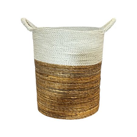 CESTO RATTAN BALI REDONDO BRANCO E NATURAL MIDDLE GRANDE D40CM X A50CM