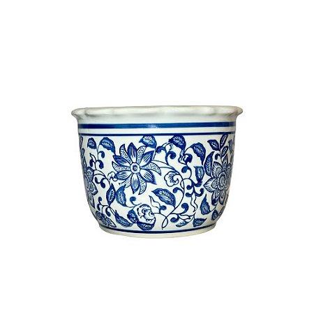 CACHEPOT PORCELANA AZUL E BRANCA ENCANTO MÉDIO D15CM X A12CM