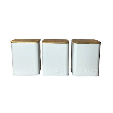 CONJUNTO COM 3 PORTA CONDIMENTOS COZY BRANCO EM METAL E MADEIRA D11CM X A14CM