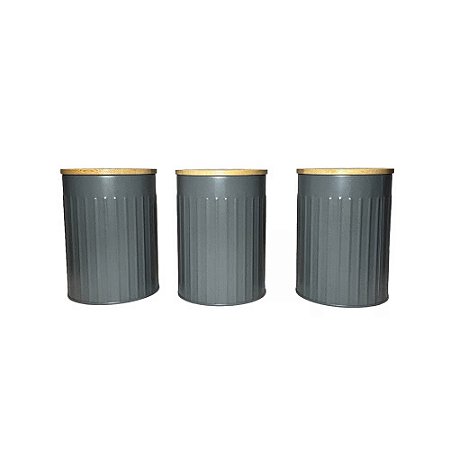 CONJUNTO COM 3 PORTA CONDIMENTOS CINZA EM METAL E MADEIRA D11CM X A16CM