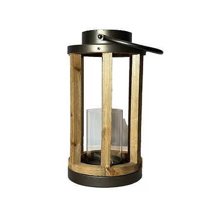 LANTERNA DECORATIVA IMPORTADA EM METAL MADEIRA E VIDRO D17CM X A33CM