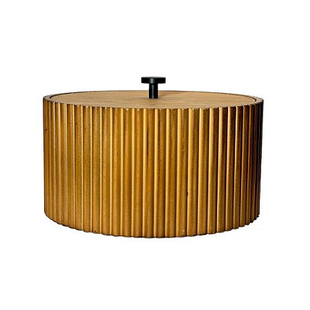 CAIXA DECORATIVA REDONDA ONDAS EM MADEIRA TEKA GRANDE D26CM X A14CM