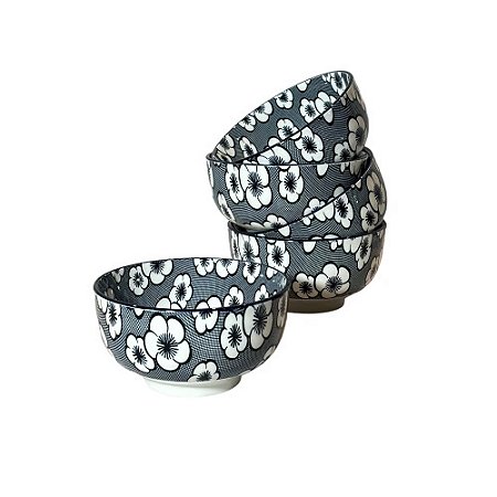 CONJUNTO BOWL PORCELANA AZUL E BRANCA FLORAL 5 PEÇAS D14CM X A08CM