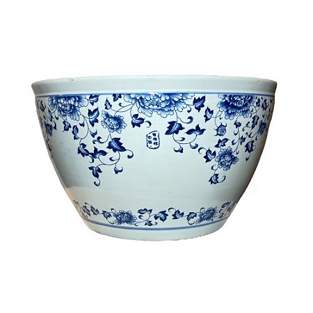 CACHEPOT AZUL E BRANCA FLORA HAN GRANDE D53 X A31CM