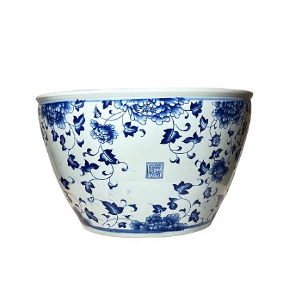 CACHEPOT IMPORTADO PORCELANA AZUL E BRANCA FLORA HAN PEQUENO D41 X A25CM