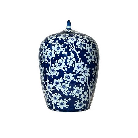 POTICHE IMPORTADO PORCELANA AZUL E BRANCA FLORA QING D30 X A22CM