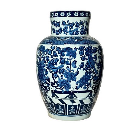 VASO IMPORTADO PORCELANA AZUL E BRANCA JARDIM DE YUAN D25 X A41CM