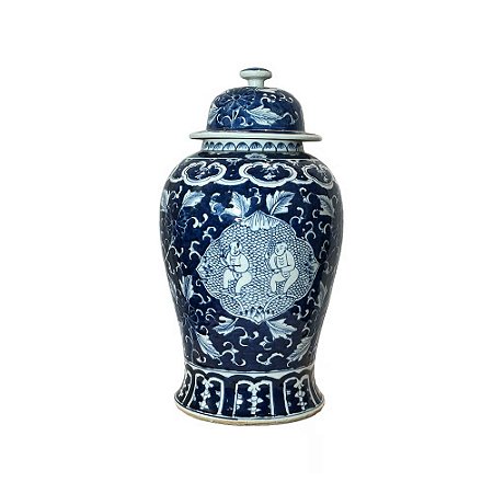 POTICHE IMPORTADO PORCELANA AZUL E BRANCA ARTE TANG D25 X A46CM