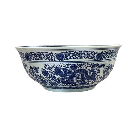 CENTRO DE MESA EM PORCELANA AZUL E BRANCO DRAGÃO D42CM X A18CM