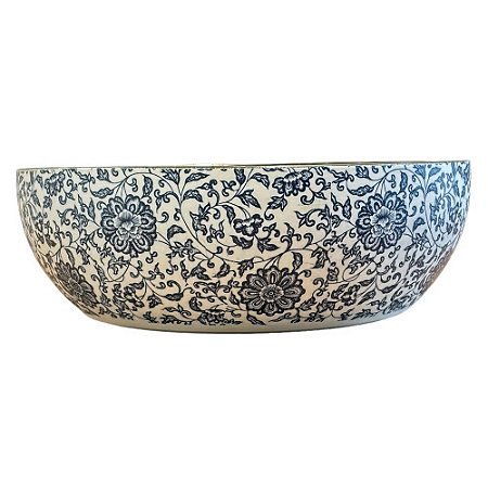 CUBA PORCELANA AZUL BRANCA E PRETA FLOWERS D40CM X A14CM