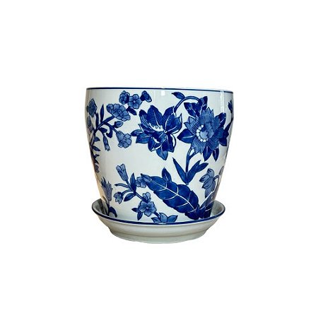 CACHEPOT PORCELANA AZUL E BRANCA FLORA IMPERIAL PP D13CM X A12CM