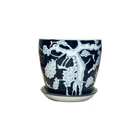 CACHEPOT PORCELANA AZUL E PRETA BONSAI PP D13CM X A12CM