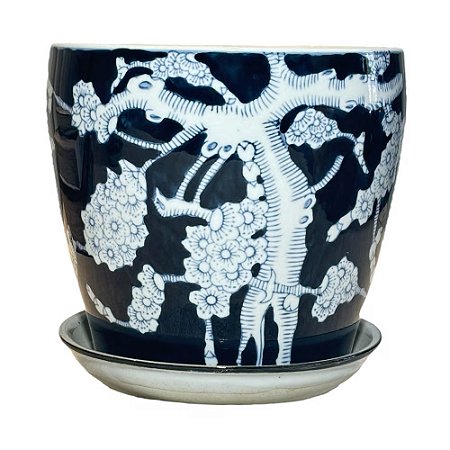 CACHEPOT PORCELANA AZUL E PRETA BONSAI GRANDE D25CM X A23CM