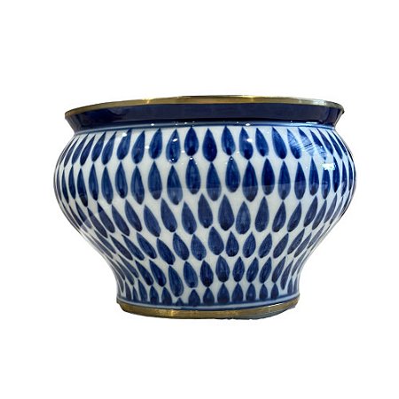 CACHEPOT EM PORCELANA AZUL E BRANCA GOLDEN THAI DROPS MÉDIO D17CM X A12CM