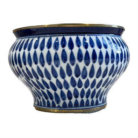 CACHEPOT EM PORCELANA AZUL E BRANCA GOLDEN THAI DROPS GRANDE D19CM X A13CM