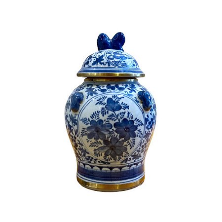 POTICHE IMPORTADO PORCELANA AZUL E BRANCA GOLDEN FLOWER PEQUENO D20CM X A32CM