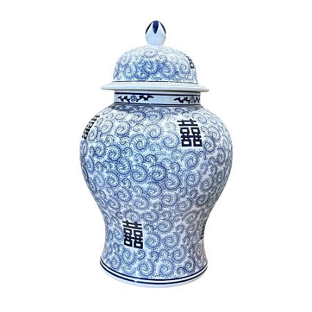POTICHE EM PORCELANA AZUL E BRANCA JOY AND LUCK IMPORTADO D37CM X A68CM