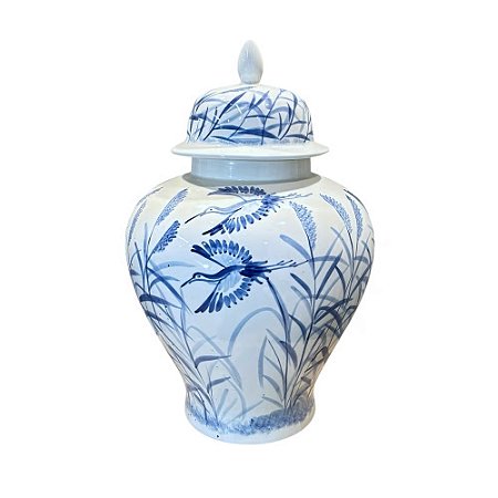 POTICHE EM PORCELANA AZUL E BRANCA MISCANTHUS IMPORTADO D34CM X A62CM