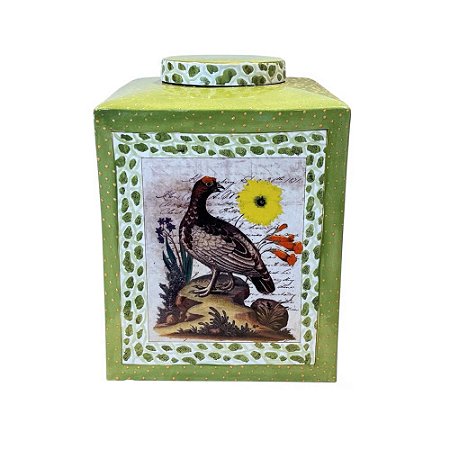 POTICHE EM PORCELANA VERDE WILD EDITION BIRD AND FLOWERS IMPORTADO D29CM X A40CM