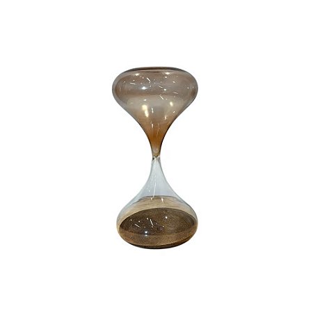 AMPULHETA EM VIDRO BICOLOR AREIA CINZA TRANSPARENTE E MOSTARDA (60 MINUTOS) D12CM X A27CM