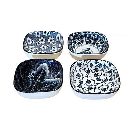 CONJUNTO BOWL QUADRADO EM PORCELANA AZUL E BRANCA 4 PEÇAS IMPORTADO D11CM X A04CM