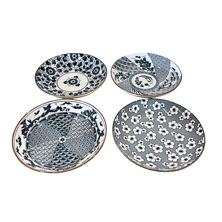 CONJUNTO PRATO EM PORCELANA AZUL E BRANCA 4 PEÇAS SHANG IMPORTADO D18CM X A04CM