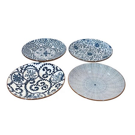 CONJUNTO PRATO EM PORCELANA AZUL E BRANCA ZHOU 4 PEÇAS IMPORTADO D17CM X A03CM