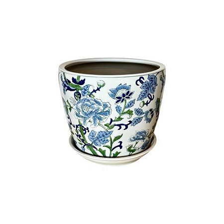CACHEPOT PORCELANA AZUL BRANCA E VERDE WILD EDITION BOTANIC GRANDE D25CM X A23CM