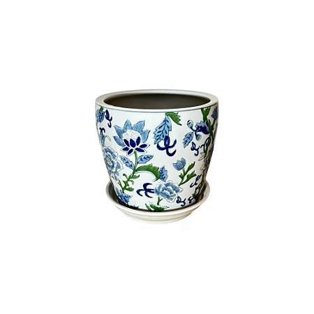 CACHEPOT PORCELANA AZUL BRANCA E VERDE WILD EDITION BOTANIC MÉDIO D20CM X A20CM