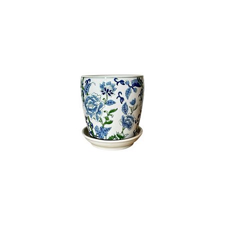 CACHEPOT PORCELANA AZUL BRANCA E VERDE WILD EDITION BOTANIC PEQUENO D15CM X A15CM