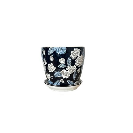 CACHEPOT PORCELANA AZUL E BRANCA IMPORTADO NOCTURNA MÉDIO D20CM X A20CM