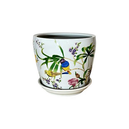 CACHEPOT PORCELANA BRANCA WILD EDITION PÁSSAROS GRANDE D25CM X A23CM