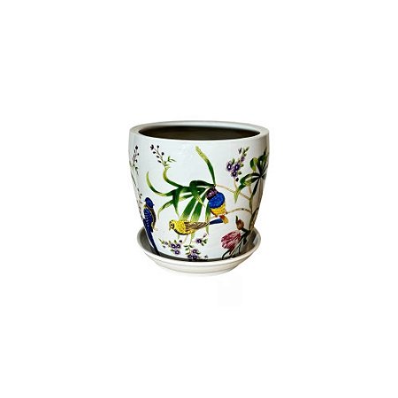 CACHEPOT PORCELANA BRANCA WILD EDITION PÁSSAROS MÉDIO D20CM X A20CM