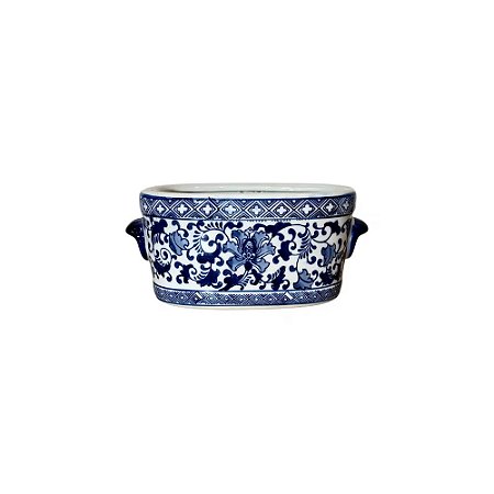 FLOREIRO EM PORCELANA IMPORTADO OVAL AZUL E BRANCO FLORIDO PEQUENO L25CM X A10CM X P15CM