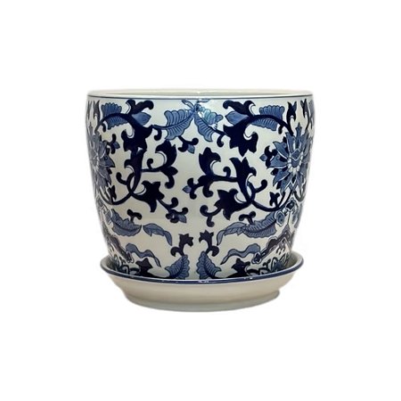 CACHEPOT PORCELANA AZUL E BRANCA FLOR DO ORIENTE GRANDE D25CM X A23CM